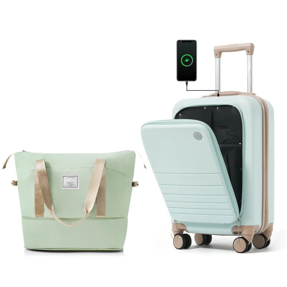 Expandable Carry On Luggage Travel Bag Set With USB Port