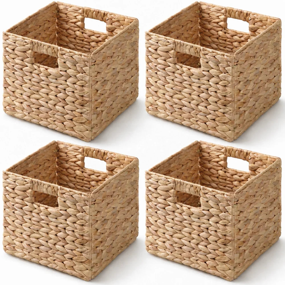 Water Hyacinth Folding Storage Baskets With Handles, Set Of 4