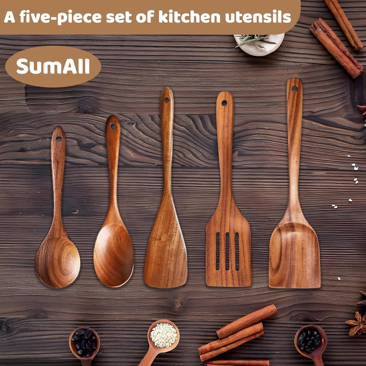 Natural Teak Wooden Kitchen Utensil Set Heat Resistant Nonstick Cookware
