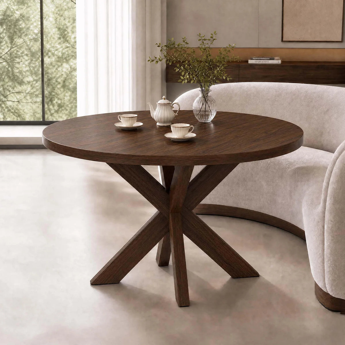 HiMISS Farmhouse Round Dining Table With X Pedestal Base