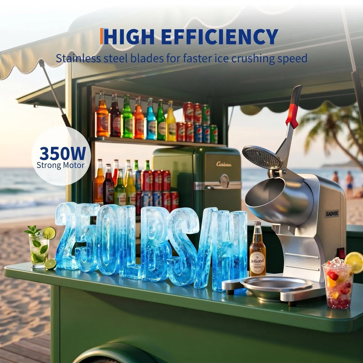 350W Electric Ice Crusher Machine, 250LBS/H Commercial Ice Shaver with 4 Blades, 20000RPM Snow Cone Maker for Shaved Ice, Smoothies and Cocktails
