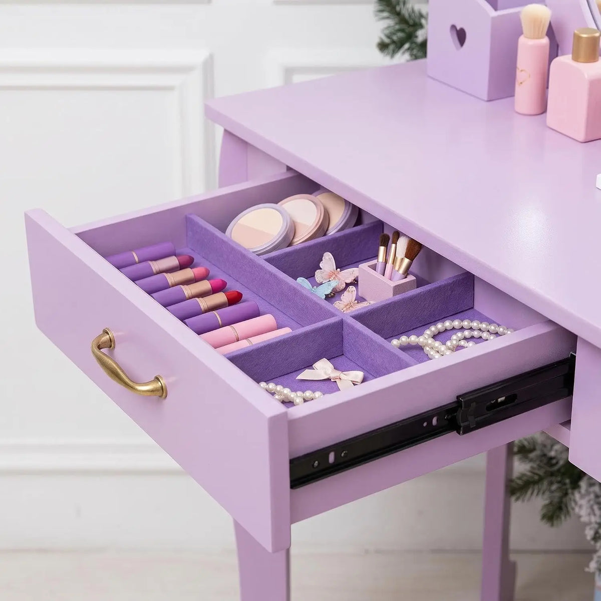 Kids Vanity Table and Stool Set with Light and Mirror for Children
