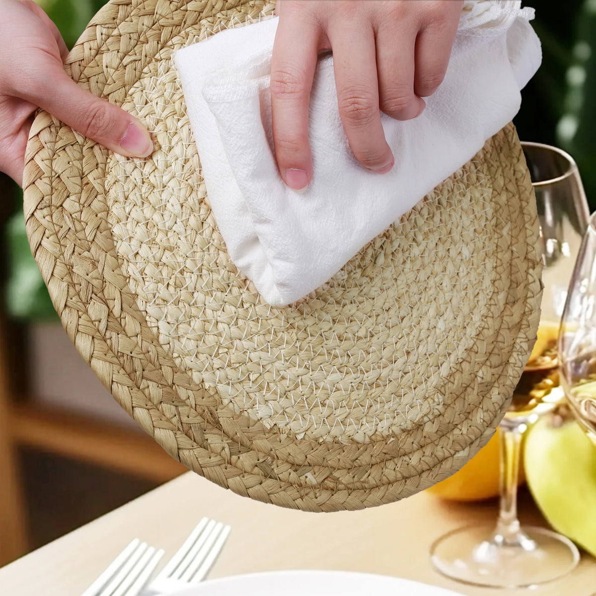 Set of 6 30cm Round Woven Placemats Wicker Rattan Handwoven Insulation Pad Boho Braided Natural Water Hyacinth Place Mats For Dining Home Wedding Party Decoration