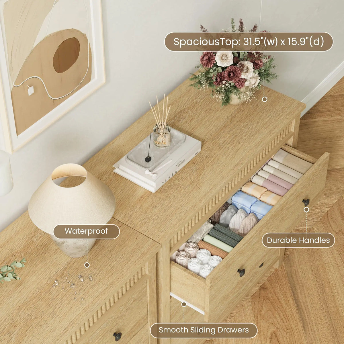 HiMISS Fluted Nightstand With Three Drawers For Bedroom Storage