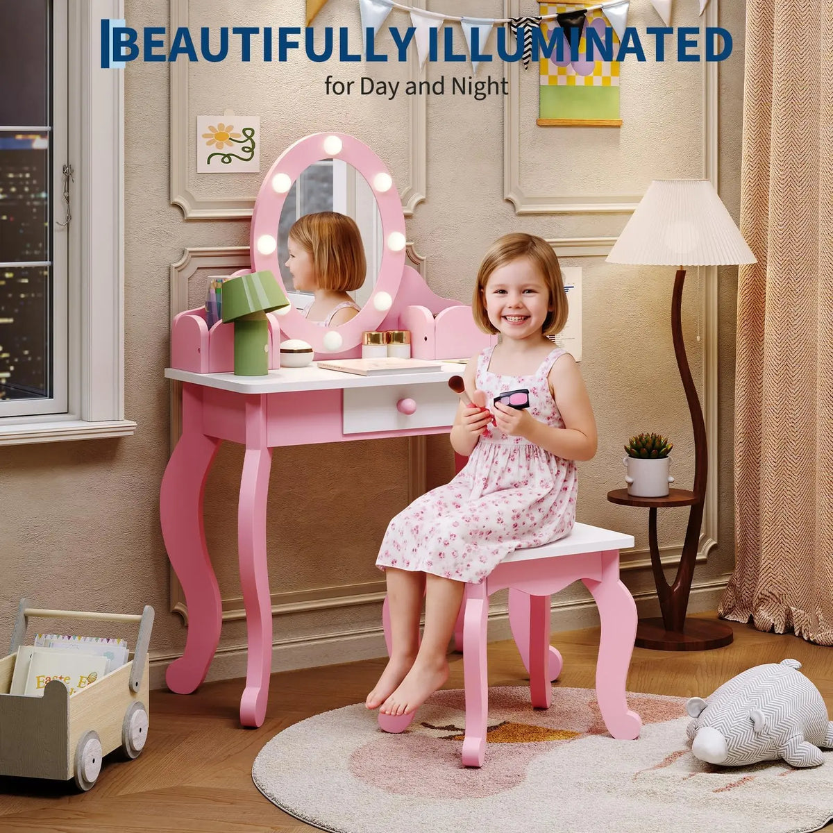 HiMISS Kids Wooden Vanity Set With Lighted Mirror And Storage