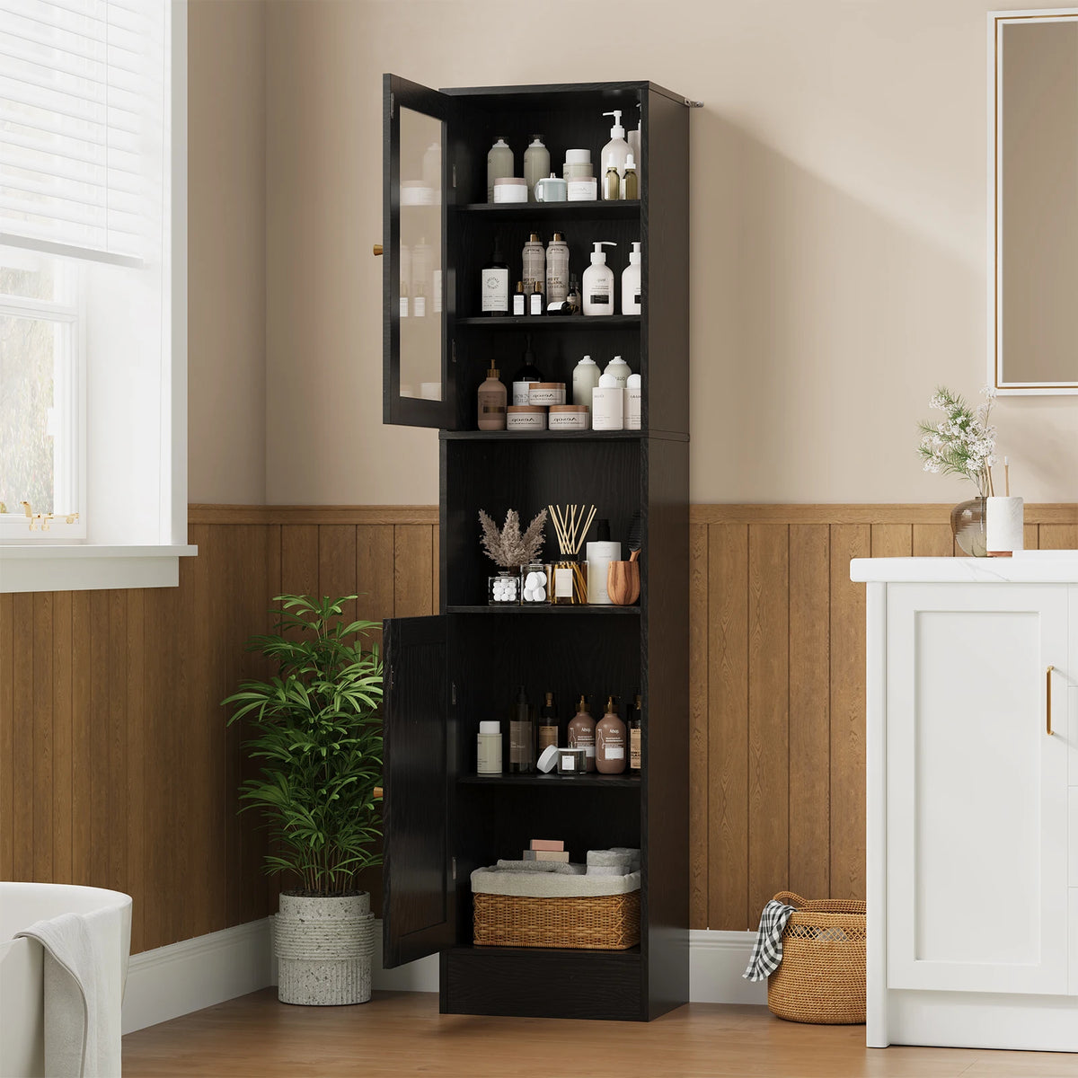 HOSSLLY Slim Bathroom Cabinet With Glass Doors And Adjustable Shelves
