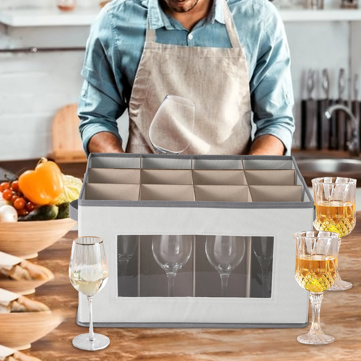 Wine Glass Storage Box, 12 Cells Stemware Storage Case with Clear Window and Divider, Stackable Non-Woven Fabric Wine Glass Organizer for Kitchen, Party and Camping