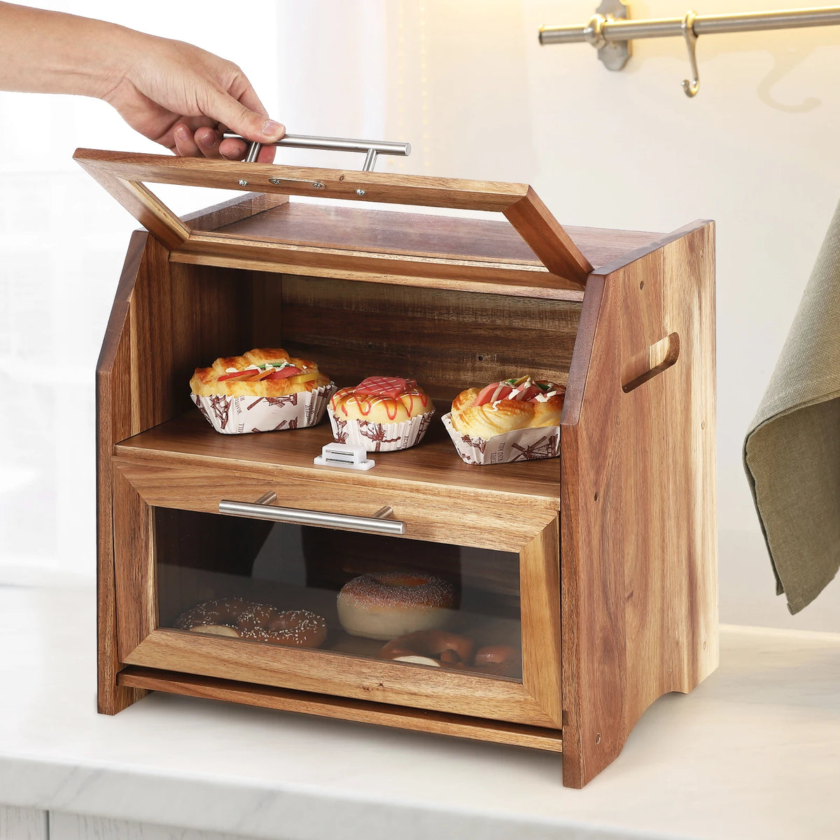 Acacia Wood Bread Box for Kitchen Counter, Double-Layer Bread Storage Bin with Window, Large Capacity Food Storage Keeper for Bread, Pastries and Snacks