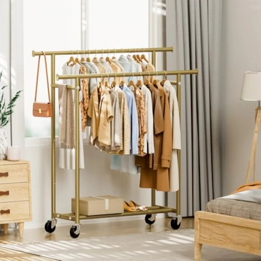 Rolling Double Rod Garment Rack With Wheels For Hanging Clothes