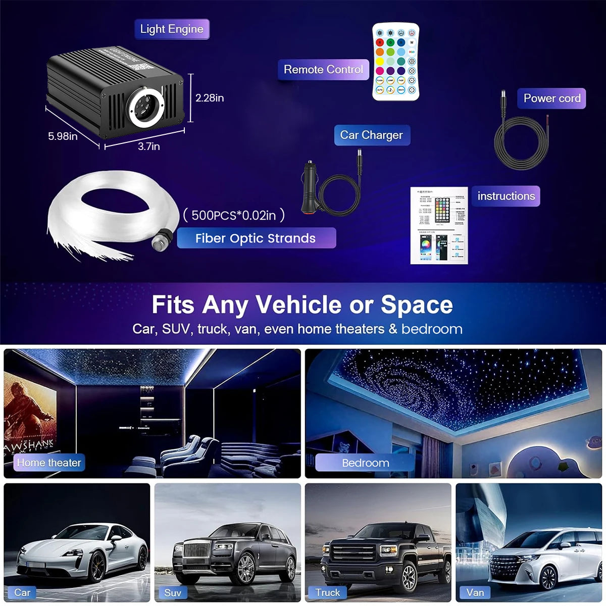 VASTFIRE RGBW Fiber Optic Starlight Headliner Kit With Music Sync Mode