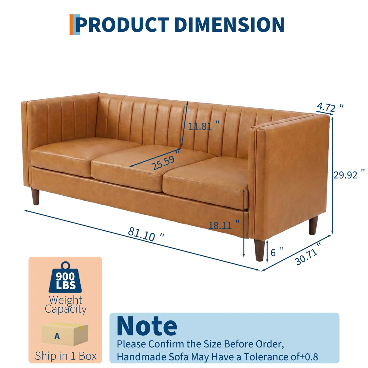 HiMISS Mid Century Modern Faux Leather Three Seat Sofa