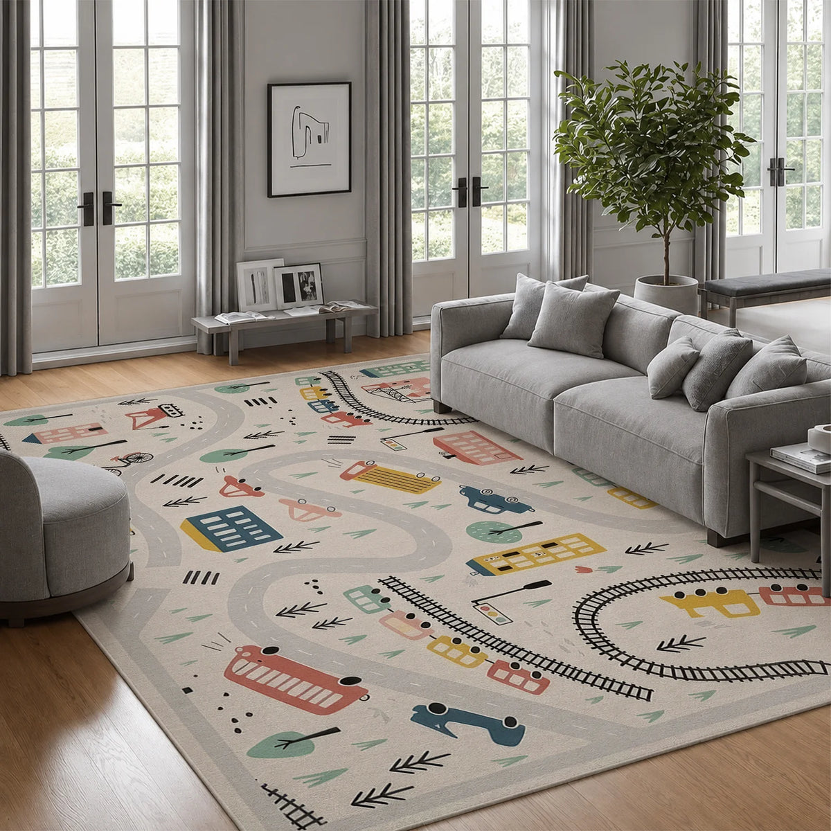 Soft Washable Kids Playroom Rug With City Road Map Design