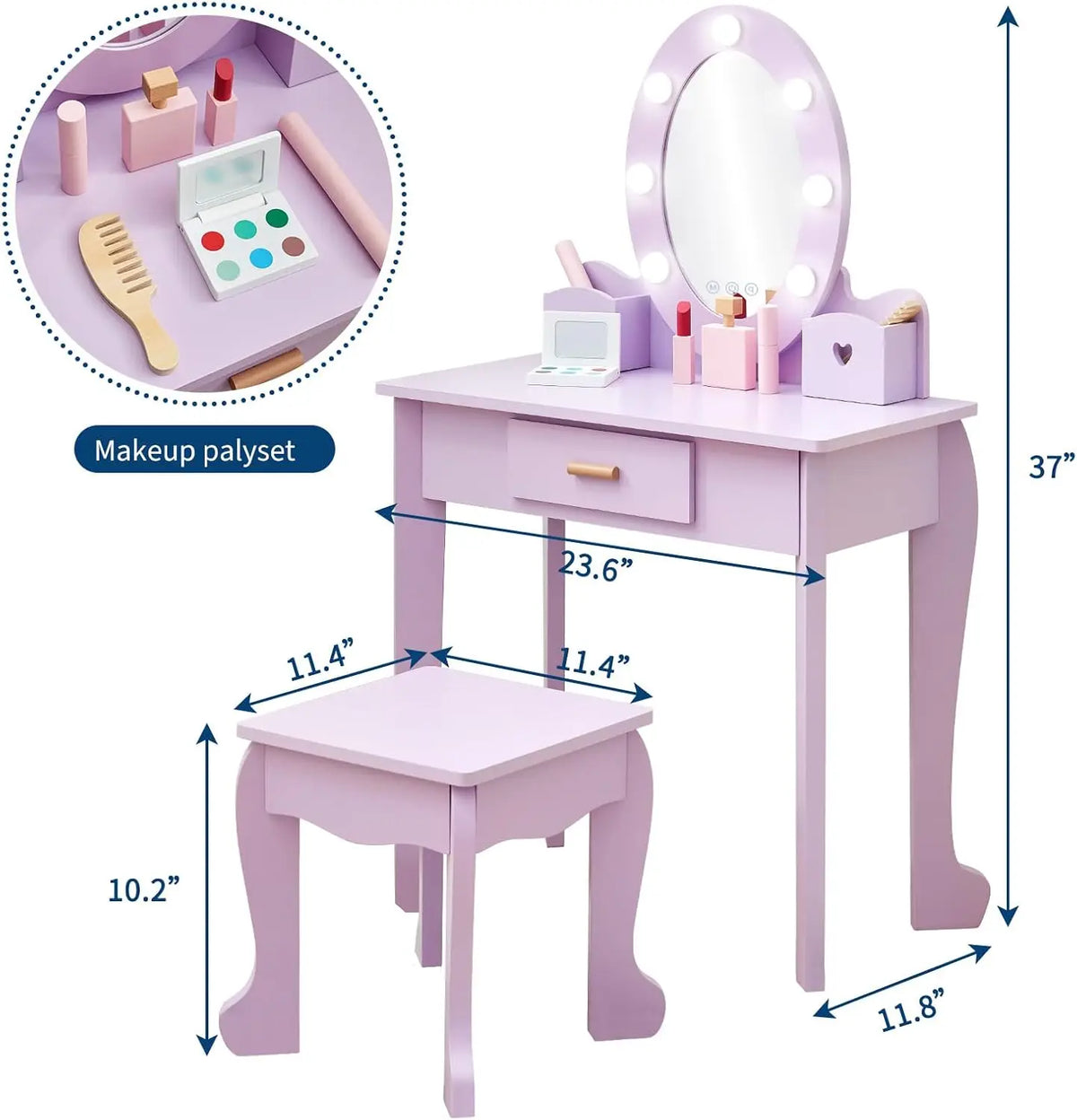 Kids Vanity Table and Stool Set with Light and Mirror for Children