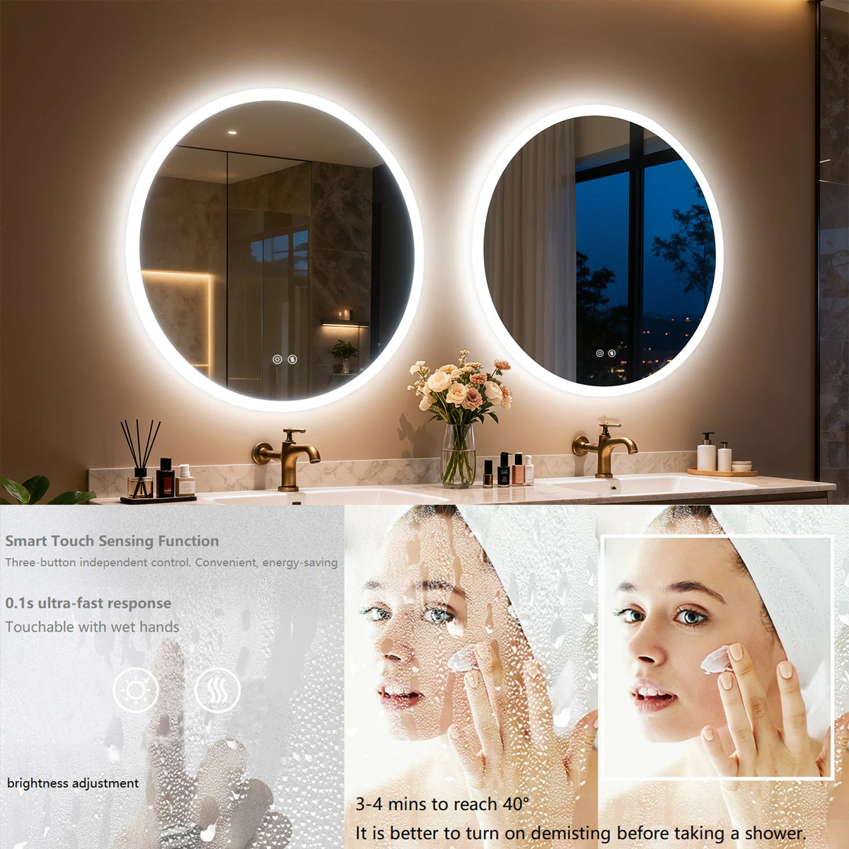 Round LED Bathroom Mirror With Anti Fog Dimmable Backlighting
