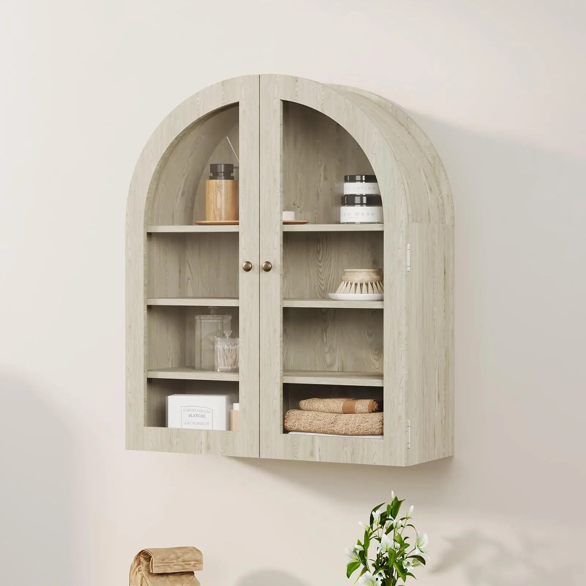 Wooden Arched Wall Cabinet, 24"×9.1"×27.6" Bathroom Kitchen Storage Cabinet, Double Doors Adjustable Shelf Modern Home Display Organizer