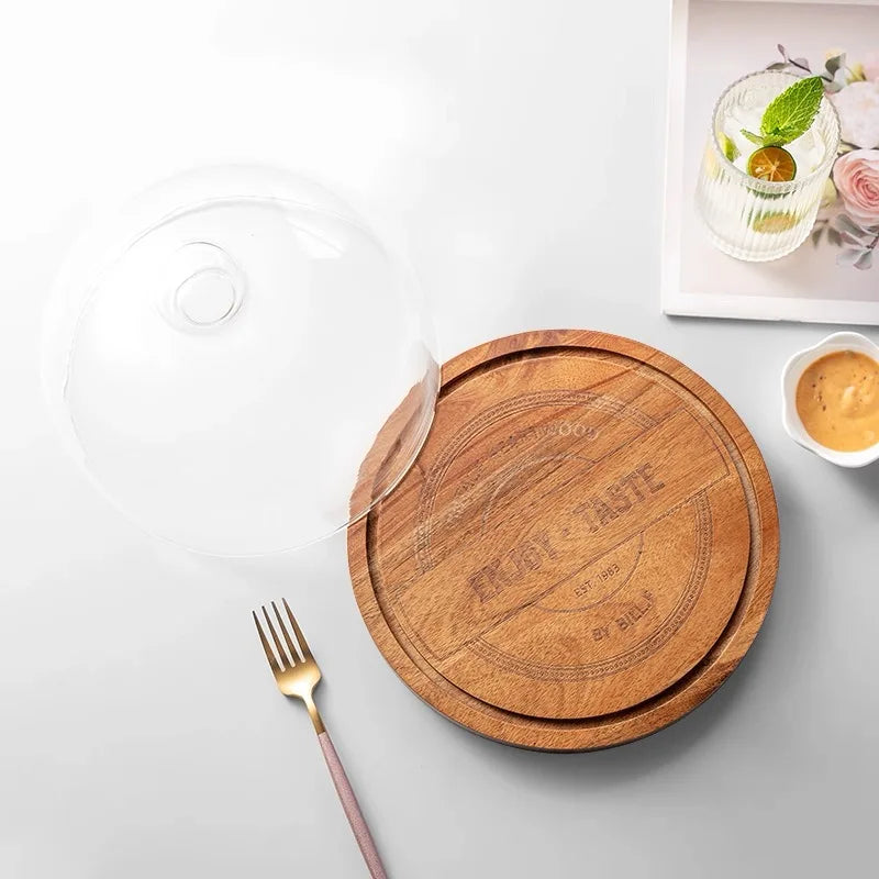 Acacia Wood Pastry Tray with Transparent Glass Cover - Large-Sized Dust-Proof Decorative Plate, Suitable for Wedding Desserts, Fruits, and Snacks