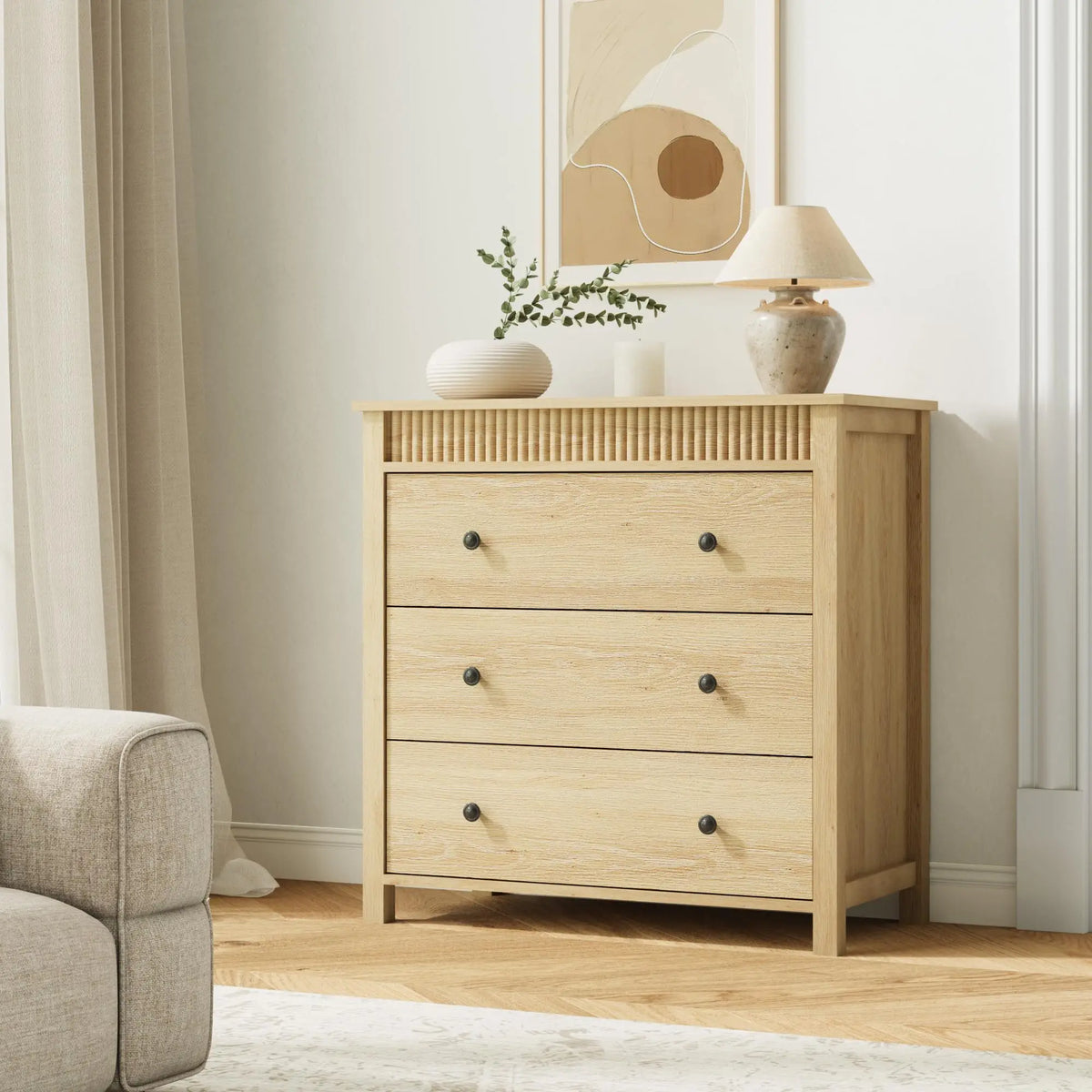 HiMISS Fluted Nightstand With Three Drawers For Bedroom Storage