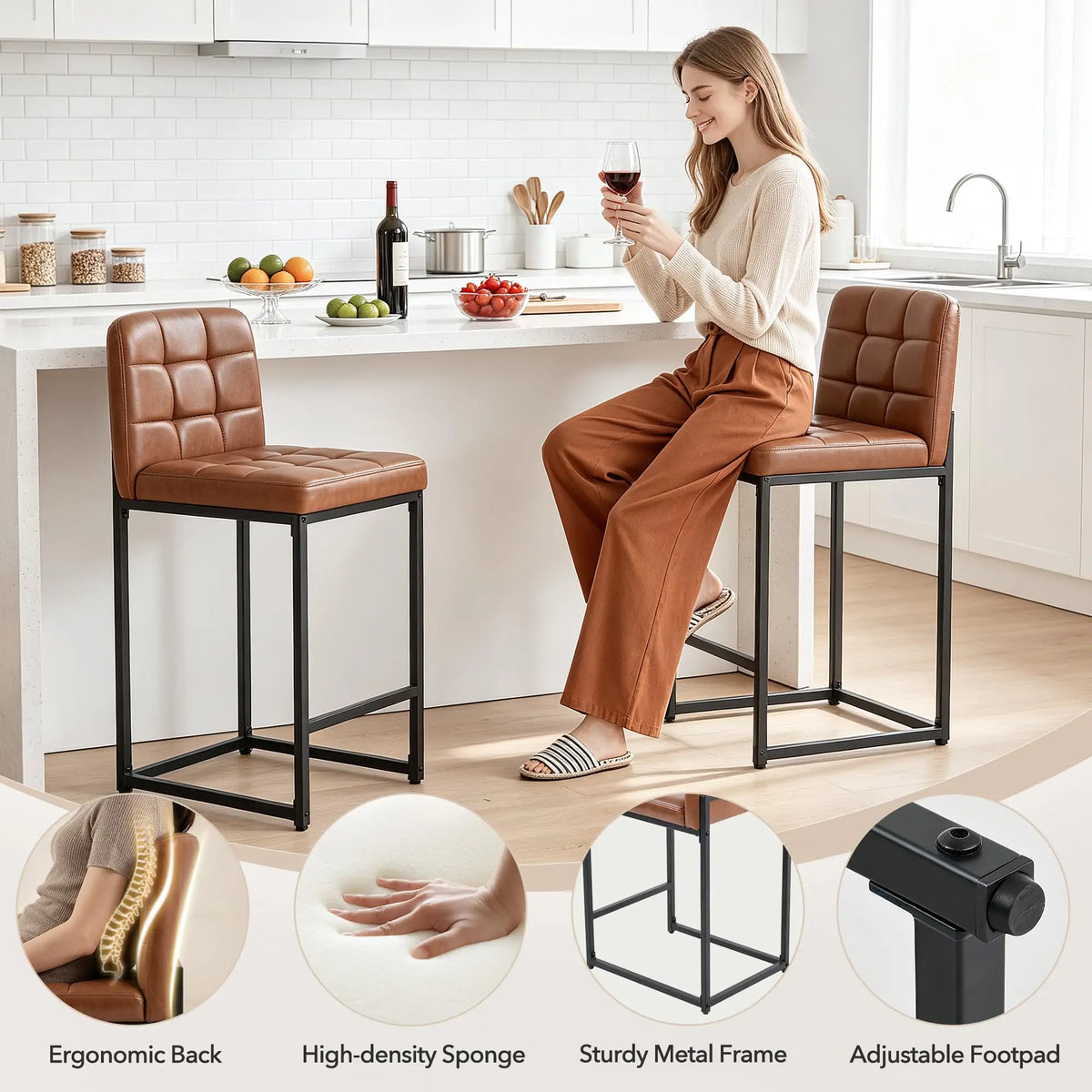 HiMISS Faux Leather Counter Height Bar Stools With Backrests