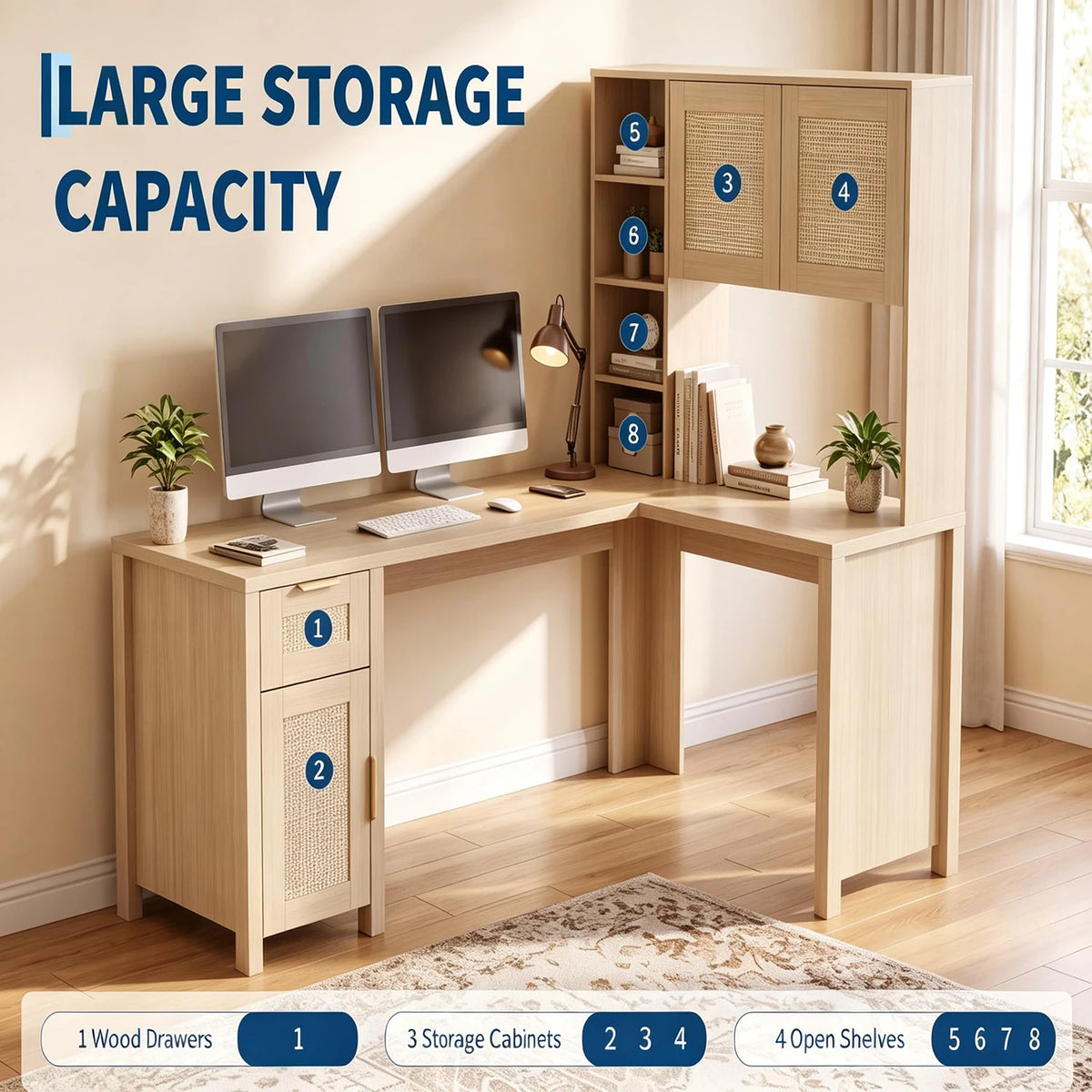 HiMISS L Shaped Corner Desk With Bookshelf Cabinet And Storage