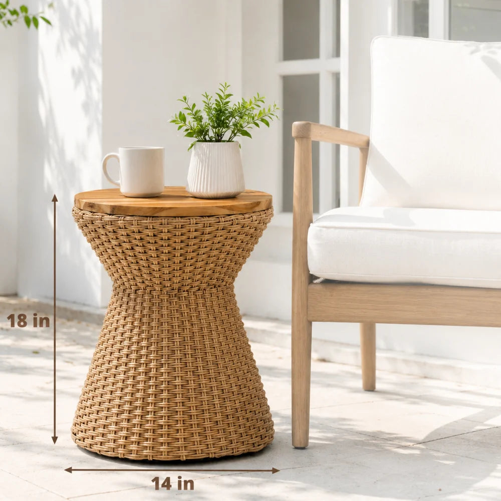 Polyrattan Stool With Wood Lid Indoor Outdoor Accent Side Table