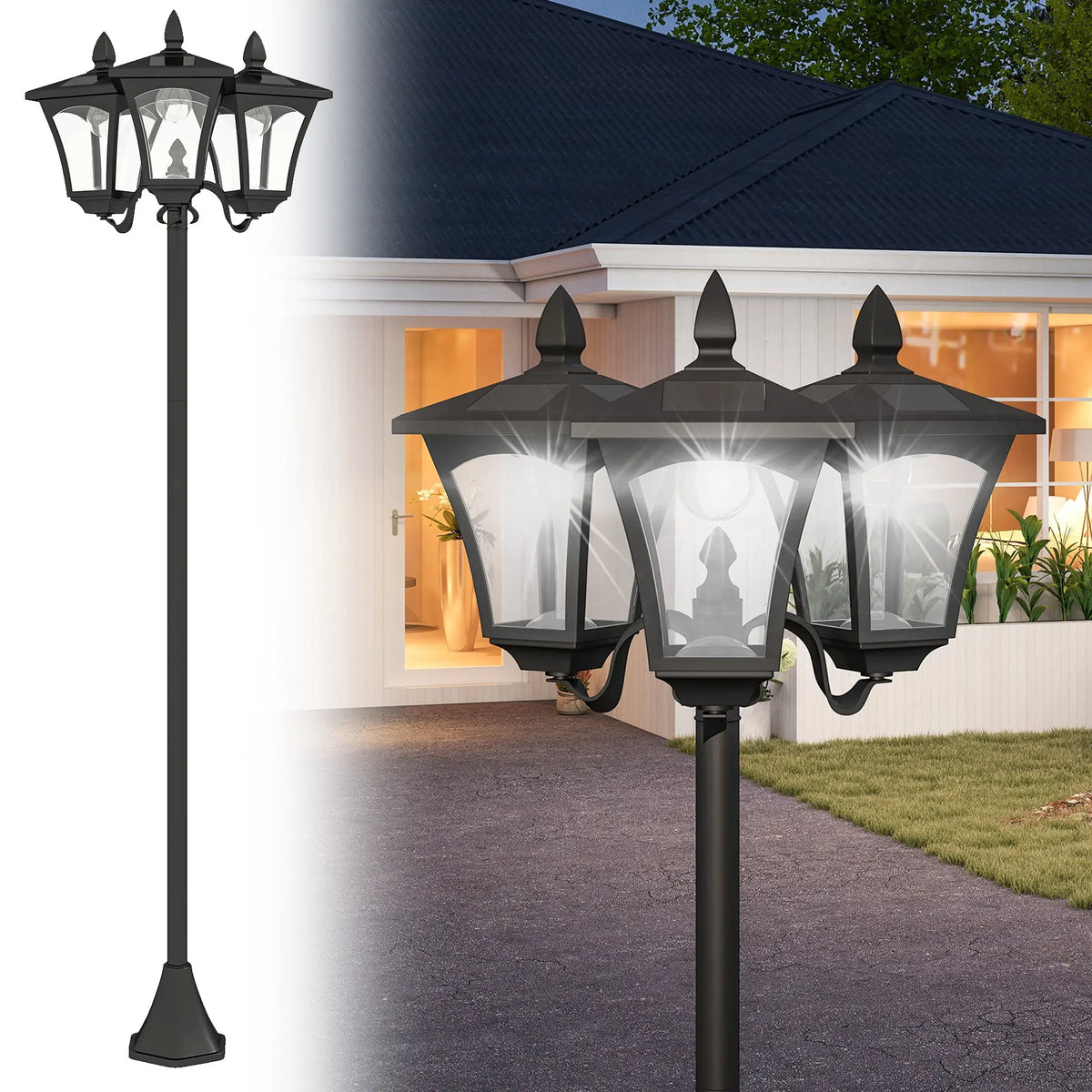 Outdoor Solar Triple Head Lamp Post With Automatic Dusk Lighting