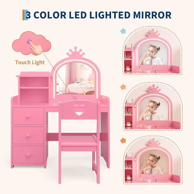 HiMISS Kids Vanity Desk With Lights And Chair For Girls