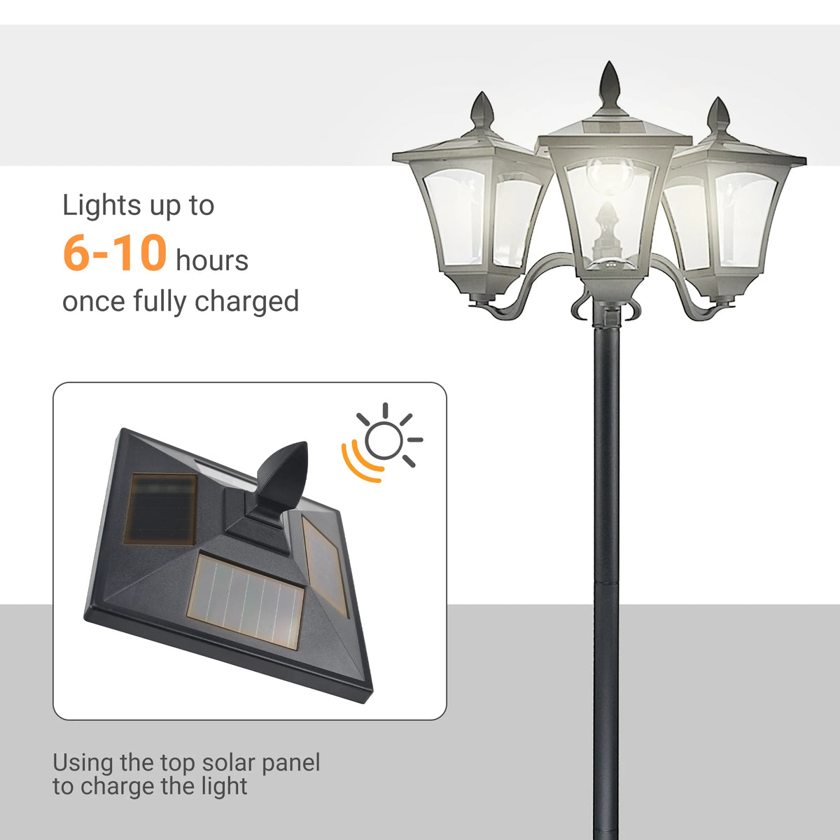 Outdoor Solar Triple Head Lamp Post With Automatic Dusk Lighting