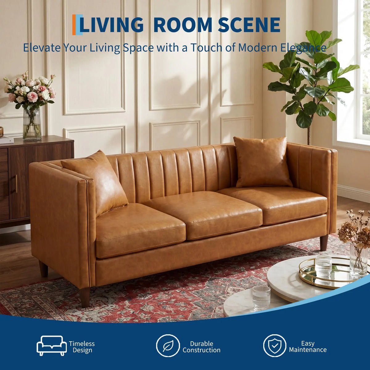 HiMISS Mid Century Modern Faux Leather Three Seat Sofa