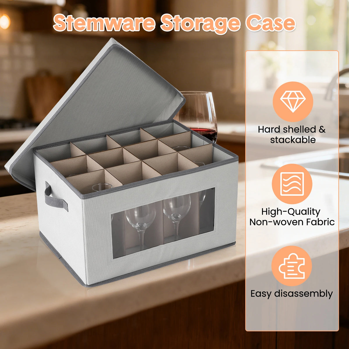 Wine Glass Storage Box, 12 Cells Stemware Storage Case with Clear Window and Divider, Stackable Non-Woven Fabric Wine Glass Organizer for Kitchen, Party and Camping