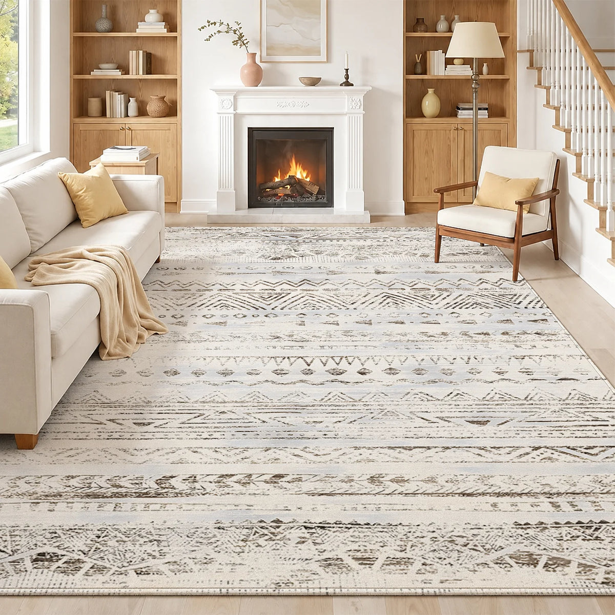 Soft Velvet Washable Tribal Geometric Indoor Area Rug with Non Slip Backing