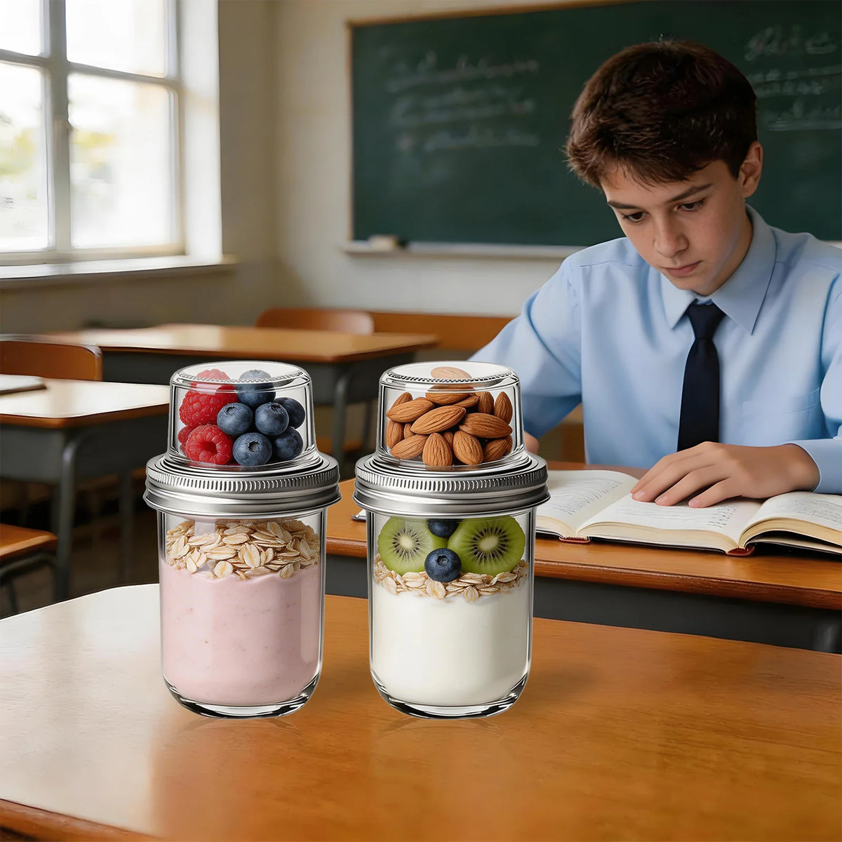6-Pack Dual-Compartment Glass Jars | 16oz + 4oz Leak-Proof Overnight Oats Container | Crunchy & Fresh Food Storage | Portable Salad & Snack Jar with Spoon