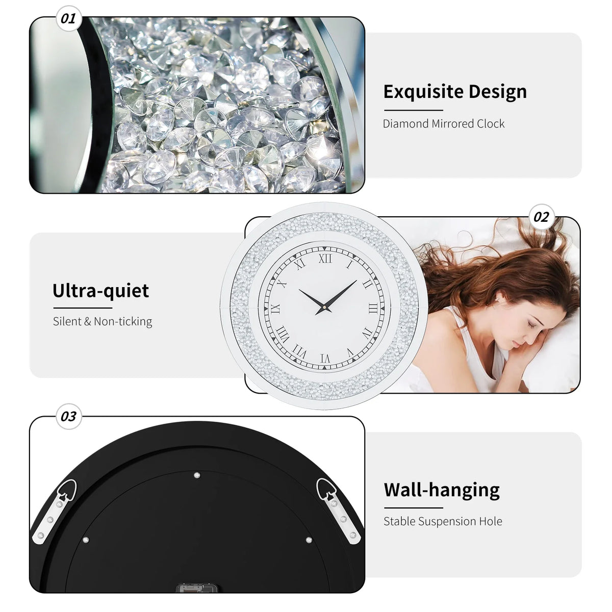Luxury Mirrored Wall Clock With Crystal Accents Silent Quartz Movement