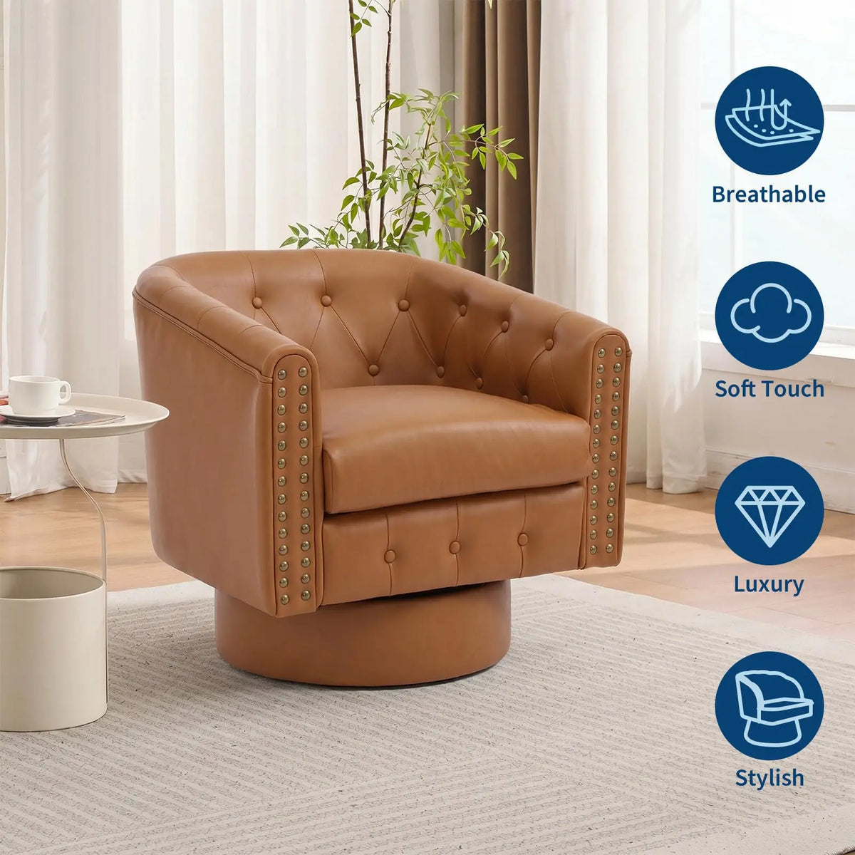 HiMISS Swivel Barrel Accent Chair With Riveted Leather Cushion