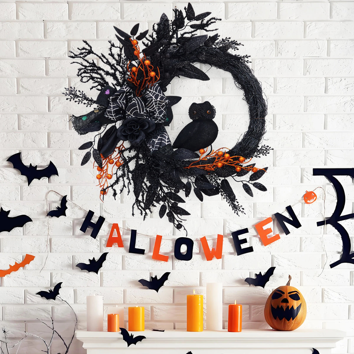 22 Inch Halloween Wreath, Black Artificial Wreath with Owl, Bow, Spider Web, Black Leaves and Orange Berries, Halloween Front Door Wall Decor for Home Party