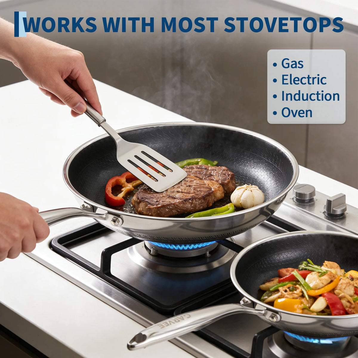 6 Piece Non-Stick Stainless Steel Pan Set, 8"/10"/12" Frying Pans with Glass Lids, Induction Oven Safe Cookware Set for Gas, Electric and Oven