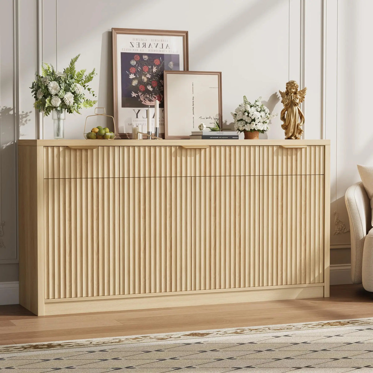 HiMISS Modern Fluted Sideboard Cabinet With Drawers And Adjustable Shelves