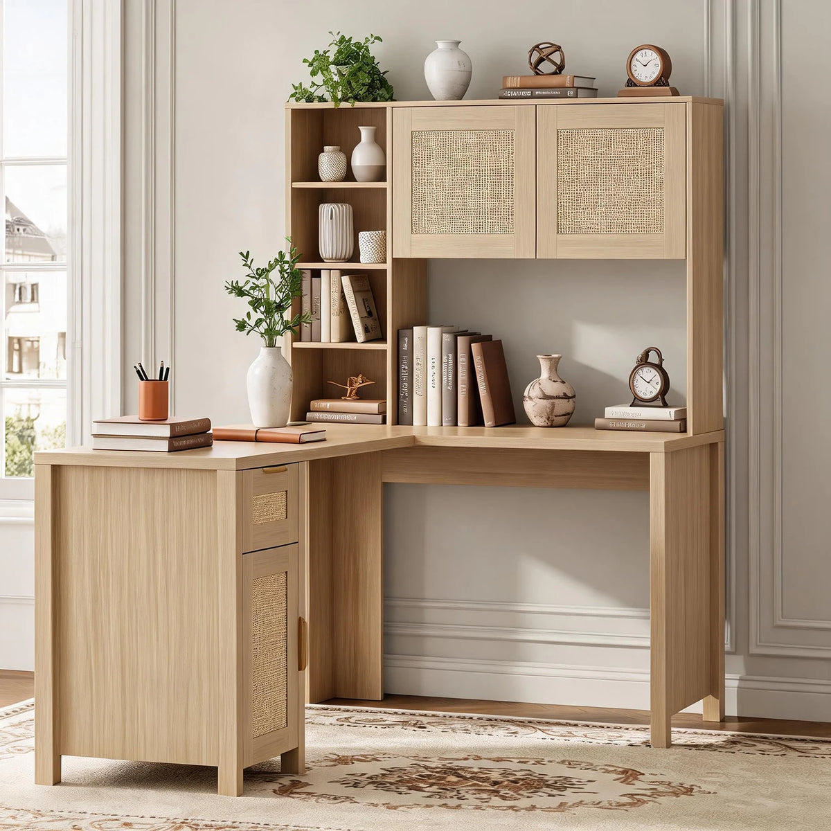 HiMISS L Shaped Corner Desk With Bookshelf Cabinet And Storage