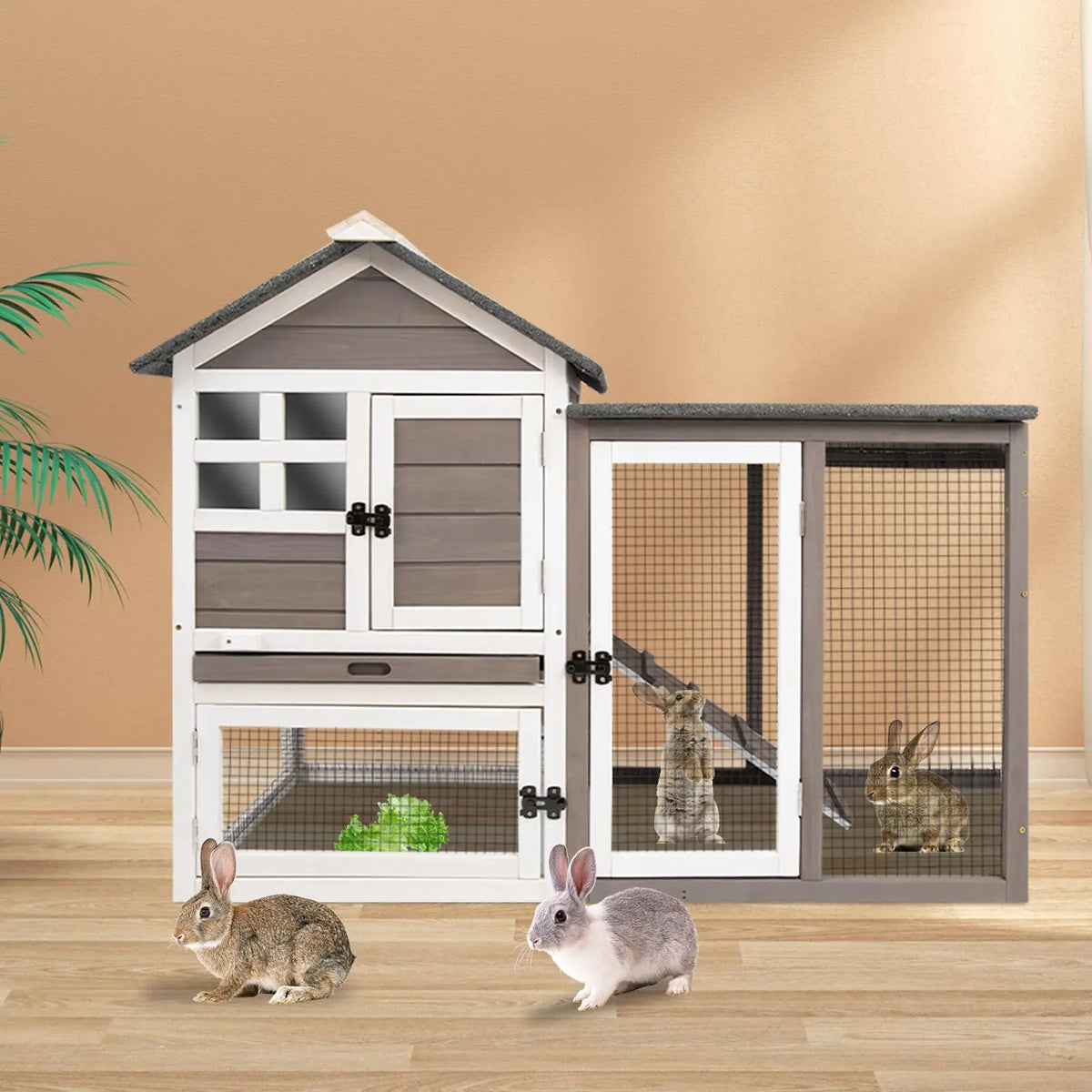 Indoor Outdoor Two Story Rabbit Hutch with Removable Tray