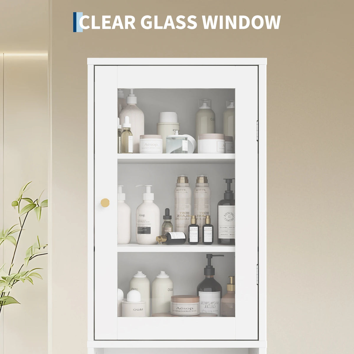 HOSSLLY Slim Bathroom Cabinet With Glass Doors And Adjustable Shelves