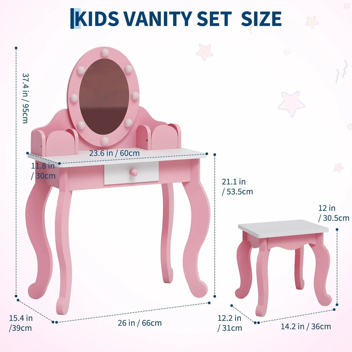 HiMISS Kids Wooden Vanity Set With Lighted Mirror And Storage