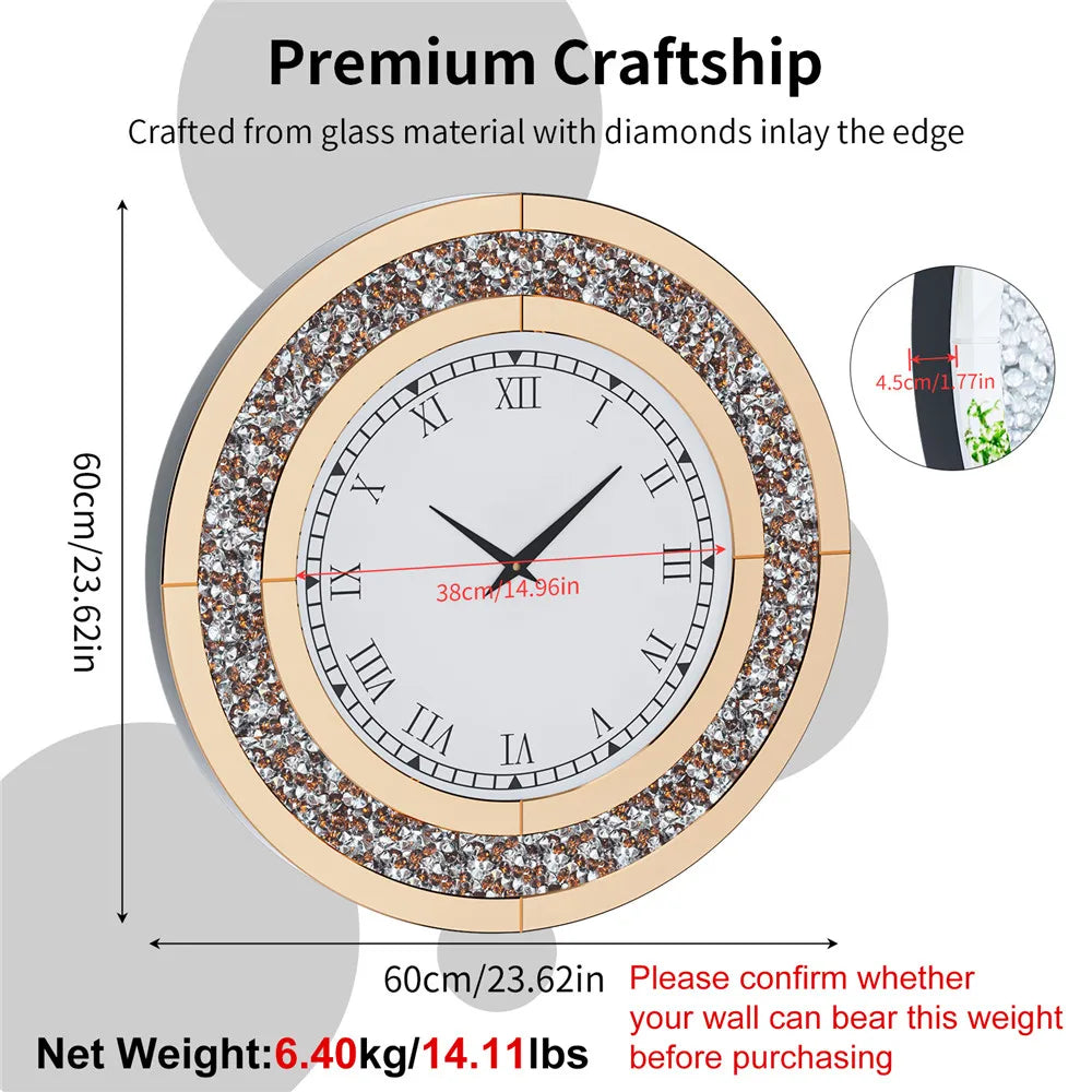 Luxury Mirrored Wall Clock With Crystal Accents Silent Quartz Movement