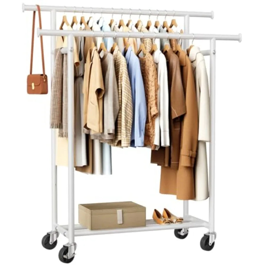 Rolling Double Rod Garment Rack With Wheels For Hanging Clothes