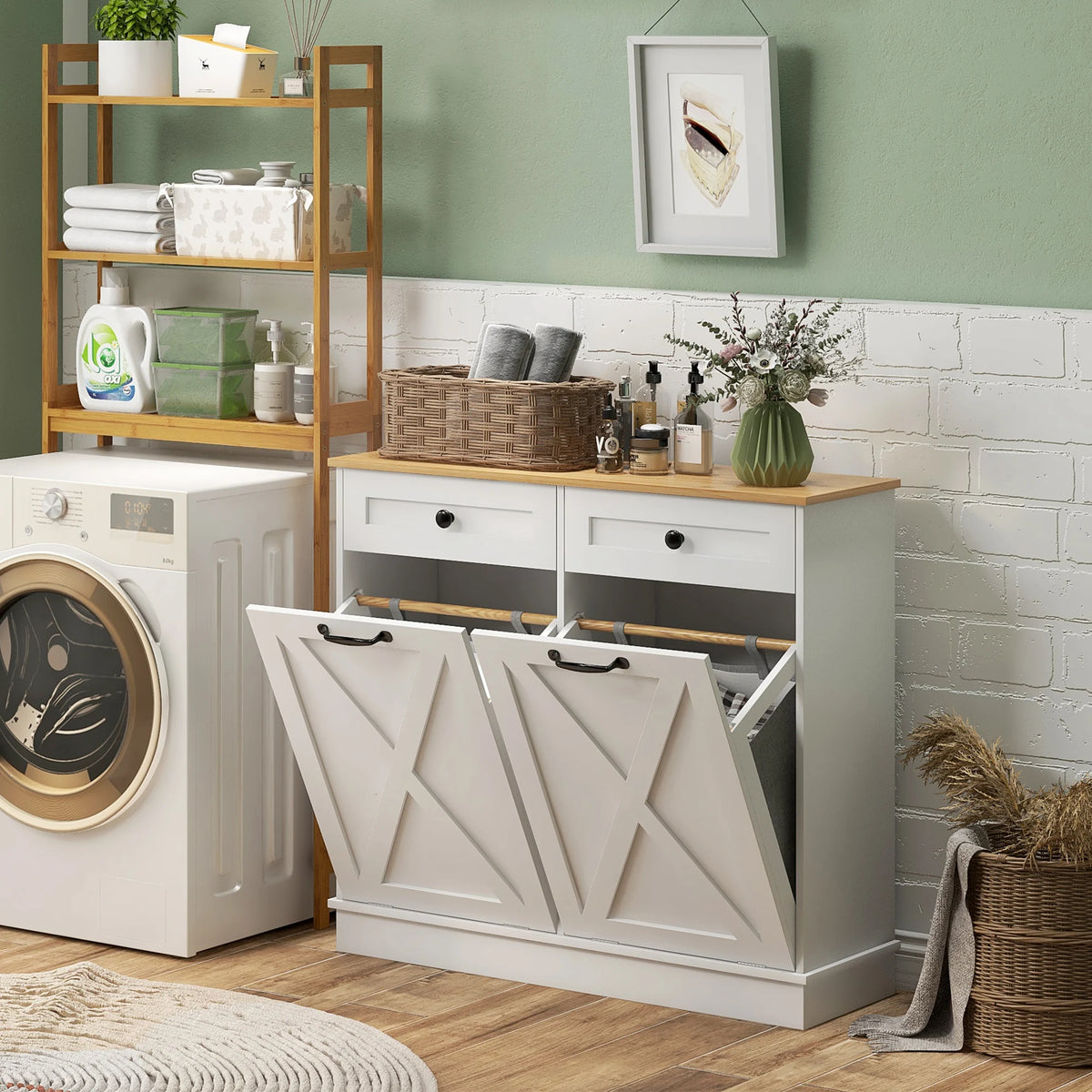 HOMCOM Double Tilt Out Laundry Hamper Cabinet With Removable Baskets