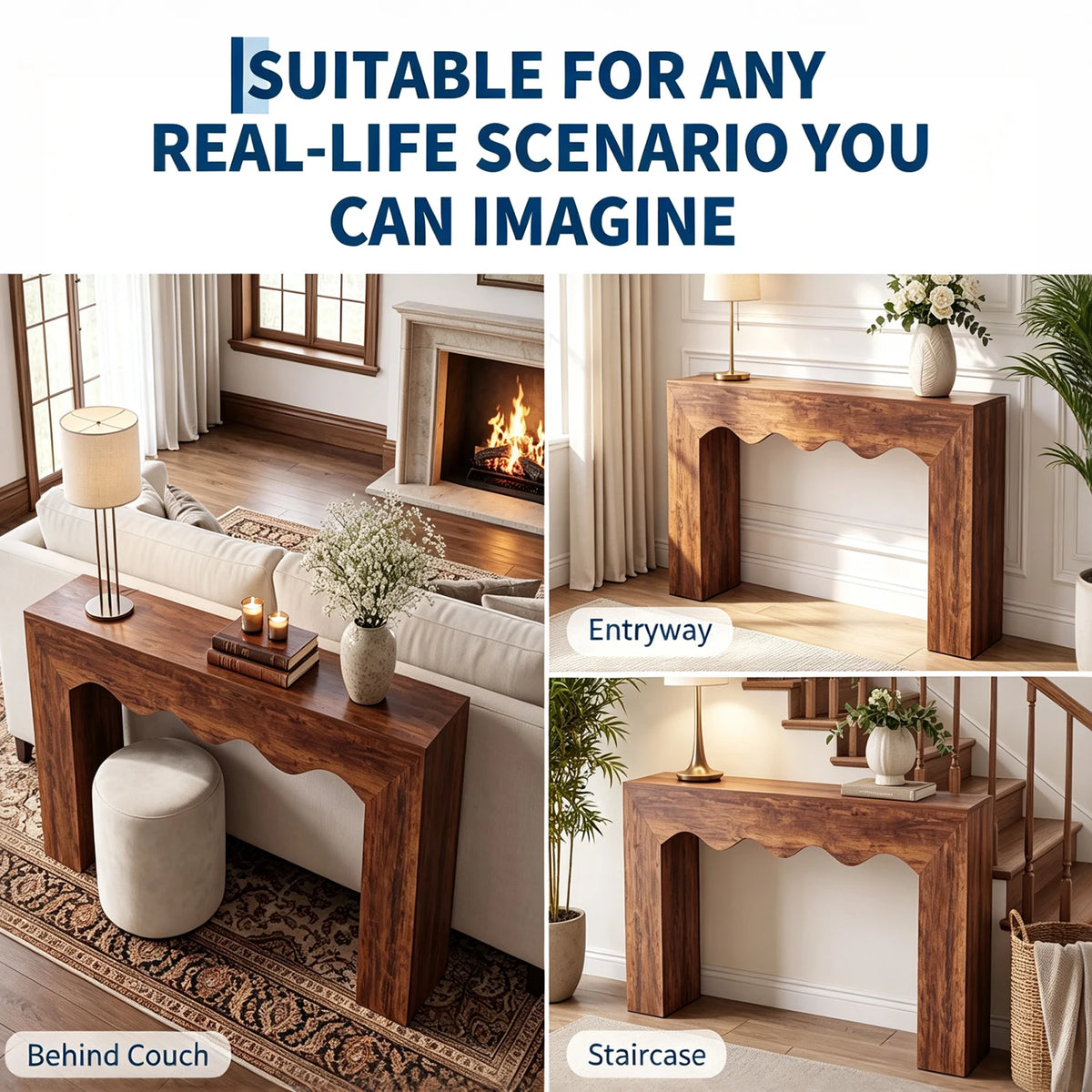 HiMISS Farmhouse Wave Edge Wooden Console Table for Entryway