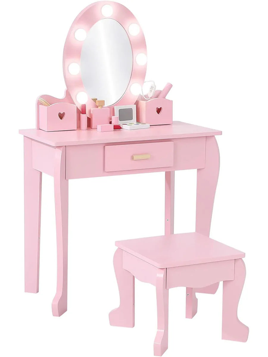 Kids Vanity Table and Stool Set with Light and Mirror for Children