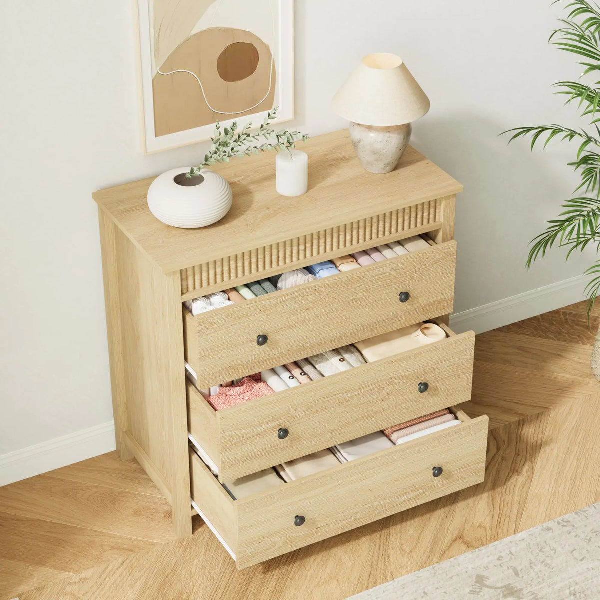 HiMISS Fluted Nightstand With Three Drawers For Bedroom Storage