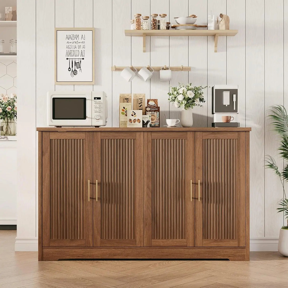HiMISS Fluted Sideboard Cabinet With Adjustable Shelves And Wine Rack