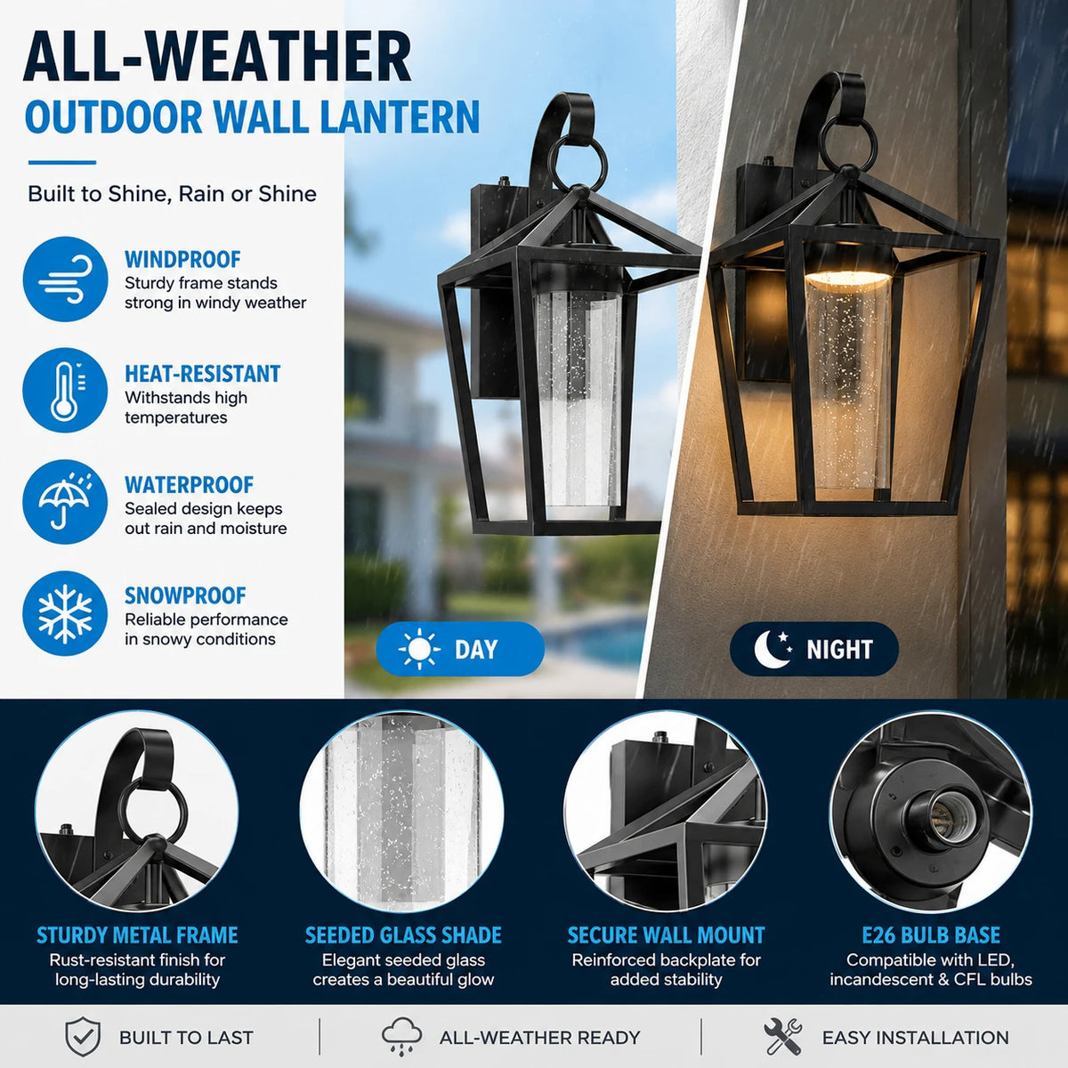 Dimmable Outdoor LED Sconce With Seeded Glass Dusk To Dawn