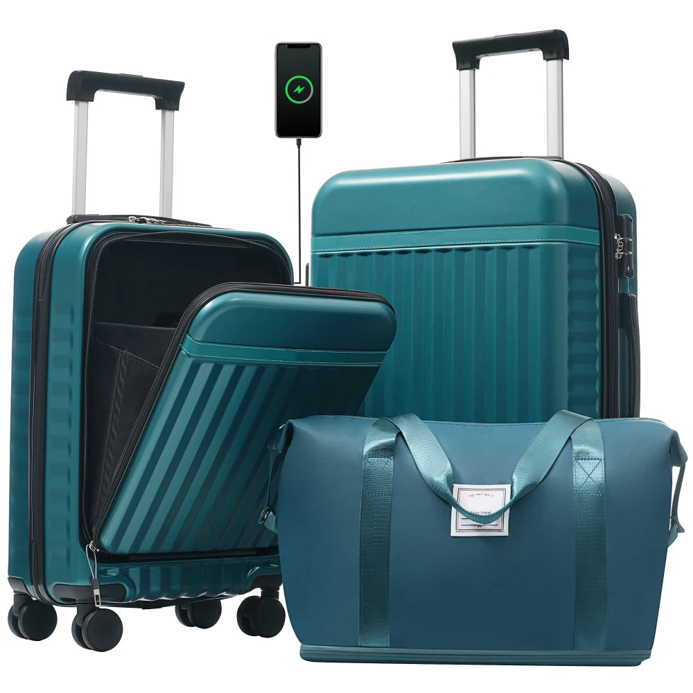 Hardside Luggage Set With USB Port Expandable Suitcases And Tote
