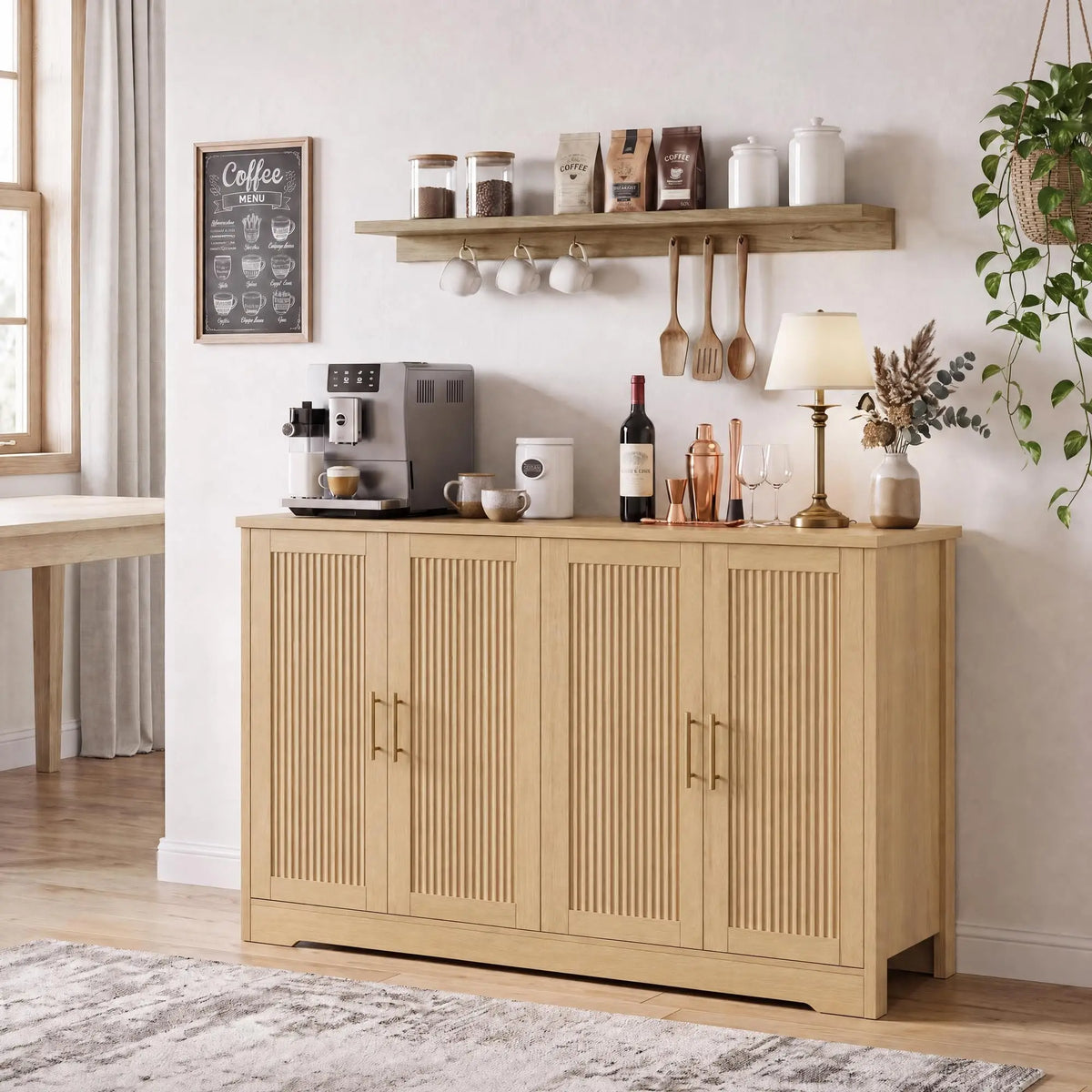 HiMISS Fluted Sideboard Cabinet With Adjustable Shelves And Wine Rack